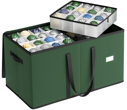 SONGMICS Caja Almacenaje para Bolas de Navidad y Decoraciones Navideñas, con Tapa y Doble Cremallera, 8 Bandejas, Tela Oxford 600D, 128 Compartimentos de 7,6 cm, Verde Bosque RFB035C01