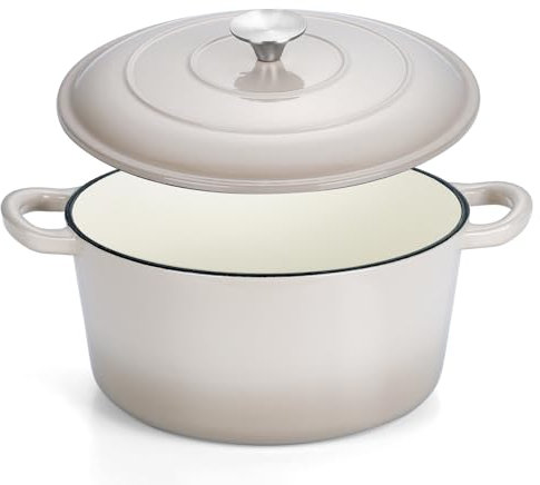 HaSteeL Horno holandés de hierro fundido de 6 cuartos de galón, olla esmaltada presazonada con tapa, utensilios de cocina redondos antiadherentes para hornear pan de masa madre, asar, estofar, freír,