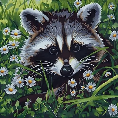Lfynior Kreuzstich Kissen Set Vorgedruckt Waschbär Stickkissen zum Selbersticken 45X45cm Stickpackung Stickset Kreuzstich Kissen zum Basteln Stickkissen Stickpackung mit Vorgedruckt Kreuzstichmotiv