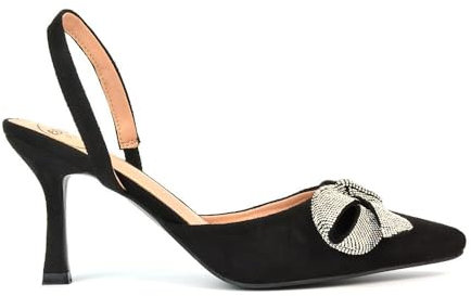 Women's Slingback Shoes Ladies Stiletto Heel Point Toe Wedding Bridesmaid Evening Party Black Faux Suede Pumps Size 7