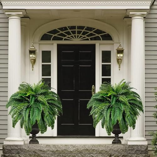 JOYWU Artificial Boston Ferns,UV Resistant Faux Boston Ferns for Outdoor,Faux Boston Fern Bush,Large Fake Ferns Shrubs,Large Hanging Greenery Plant for Home Garden Porch Decoration (2 Pc-88 Leaves)