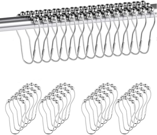 24 Pcs Stainless Steel Shower Curtain Hooks Rings Silver Roller Balls