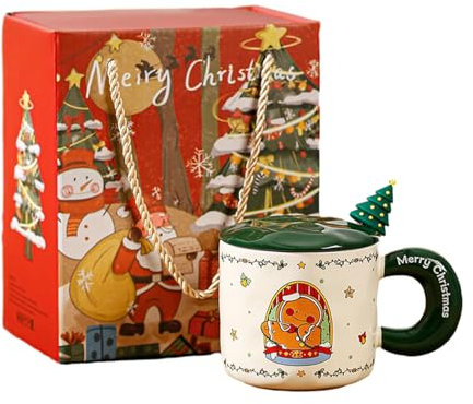 CAPIJIONG Scatola creativa in ceramica da 400 ml/13 oz per uso domestico con coperchio a cucchiaio per latte e caffè tazza-D scatola di pan di zenzero