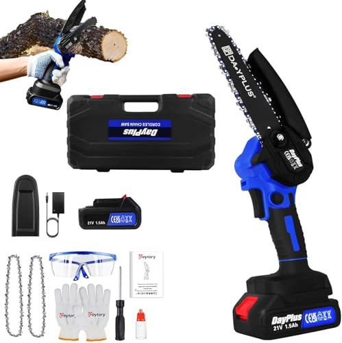Tronçonneuse sans fil 21 V, 6 pouces, bleue, mini tronçonneuse avec batteries, 2 chaînes, scie à main électrique, tronçonneuse manuelle avec serrure de sécurité, pour jardinage, taille d'arbre, coupe