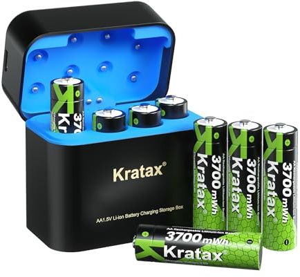 Kratax Wiederaufladbare Lithium AA Akku, 8 Pack mit Ladegerät, Hohe Kapazität AA Akkus Lithium 1.5V 3700mWh, 2000 Ladezyklen Wiederaufladbare AA Li-ion Akkus mit Intelligenter Ladebox