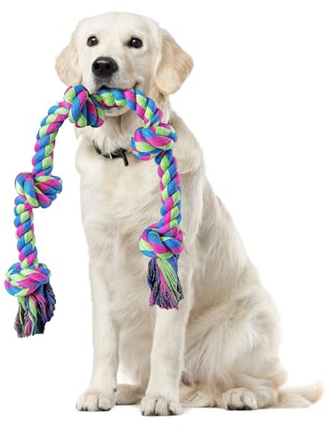 JWPET Indestructible Dog Rope Toy – 95cm Heavy-Duty Chew Toy for Large & Medium Dogs - 5 Knots Tug of War Toy for Teeth Cleaning - Safe 100% Cotton Interactive Dog Toy (A Color)