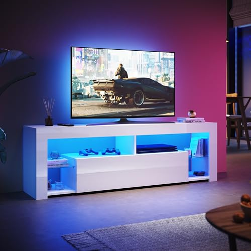 SUNXURY LED TV Lowboard Weiß, TV Schrank 160cm mit 16 Led Farben Beleuchtung TV Board mit Glasböden Hochglanz 160 x 35 x 50,5 cm
