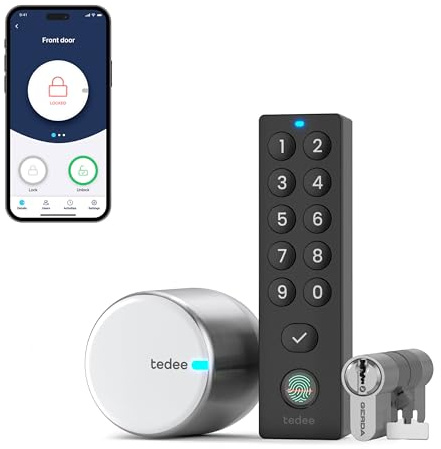 tedee GO2 Allu Serratura Smart con tastiera biometrica a impronta digitale incluso cilindro, Serratura intelligente con app e Bluetooth Trasforma il tuo smartphone in una chiave