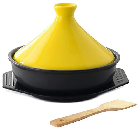 HAJHI Arcilla Tajine Marroqui Para Cocinar Cerámica Tajina Con Tapa Base Para 2-3 Personas Tajín Marroquí Para Gas Horno Ahorro De Energía(Amarillo)