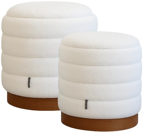LAMBY HOME Pack 2 Puff Almacenaje de Salon Borreguito - Taburete Tocador, Reposapies Salon, Puf Cama, Taburete Bajo Almacenaje, Otomana, Puf Asiento con Tapa, 46x42x42 cm + 37x34x34 cm