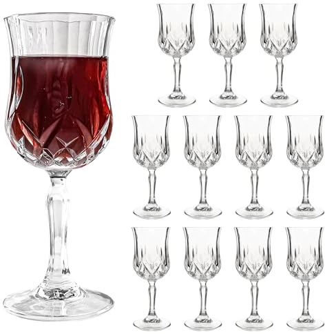 HAKEEMI Wine Glasses Set of 12, 7 oz Elegant Goblets with Vintage Cut Design, Durable Glassware for Red & White Wine, Perfect for Parties, Weddings and Home (12 PCS)