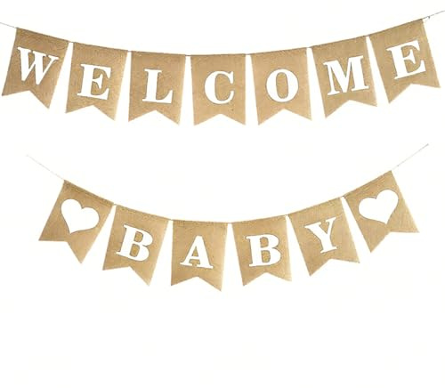 LACHT Bandiere di benvenuto in iuta per bambini, pre-infilate in iuta con scritta in inglese Welcome Baby Segno di annuncio per l'arrivo del bambino, segno di benvenuto per sfondo