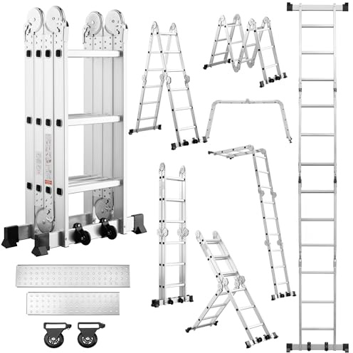 TEENO 4X3 Mehrzweckleiter 3,6 M 7 in 1, Alu Multifunktionsleiter aus Aluminium mit 2 Plattformen, 2 Transport Rollen, Vielzweckleiter Klappleiter Arbeitsleiter Anlegeleiter Steigleiter, Silber