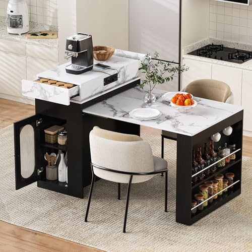 NuvlaGu Isola della cucina con piano da tavolo estraibile, ciabatta e rotelle – moderna credenza come tavolo da pranzo, tavolo da bar o credenza per cucina e sala da pranzo nero (nero, 83 x 46 x 96 cm