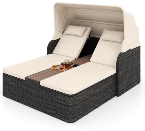 LIFEZEAL Sonnenliege 2 Personen, Gartenliege mit Verstellbarer Rückenlehne & Sonnendach, Doppelliege aus Rattan mit Kissen & Kopfstützen, Gartenbett mit Tisch & Getränkehaltern für Garten (Beige)