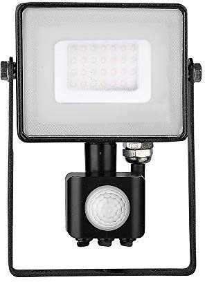 V-TAC 30W with Motion Sensor Waterproof Outside Security LED Floodlight with Samsung LED Black Body Grey Glass IP65 6400K White 2550 Lumens