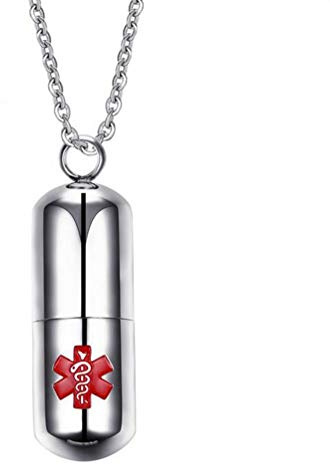LAFATINA Homme Femme Tube Capsule Médicale Kit Médical en Acier Inoxydable Collier de Pendentif d'urgence pour Garçons Filles Personnes âgées