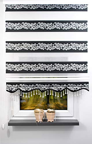 plisseeonline Duo Rollo Farbe Doppelrollo schwarz mit Ranken Muster + Alu-Kassette in verschieden Breiten mit Perlen Volant (180 x 200 cm)