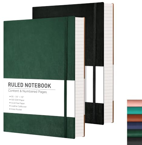 RETTACY B5 Notebook 2 Pack, Lined Journal, Hardcover Notepad, 416 Pages | Leather Hardcover Note book, Numbered Pages, 100 GSM Thick Paper, for Women Men Writing Work Office - 19 × 25 cm, Black Green