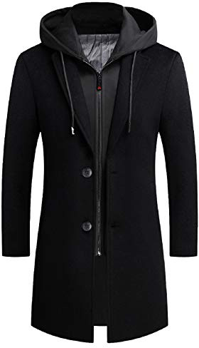 iCKER Men's Wool Woolen Coat Long Trench Coat Winter Casual Jacket Slim Fit Overcoat, Black 4(cotton), XL