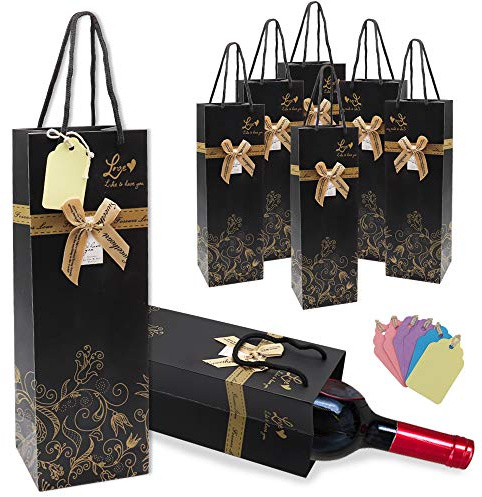 Geschenktüten für Wein Flaschen 6 Stück,Weinbeutel mit 6 Stück Memorandum Etikett,reißfest Weingeschenktüten 36x12x10 cm,Weintüten für Whisky,Wein Sekt oder Champagner 500ml-650ml,Schwarz