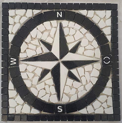 Bodenfliesen Schwarz Star Galaxy Naturstein Rosone 30x30 cm Granit Draußen Windrose Mosaik Mosaikfliesen Weiss 065