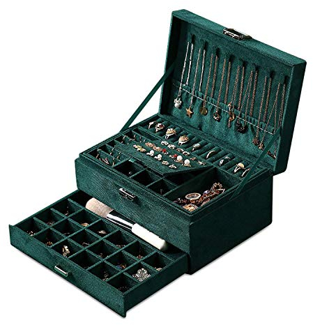 esportic Schmuckkästchen Damen, 3 Schicht Schmuck Aufbewahrung Koffer mit 8 Halskette Kleiderbügel und herausnehmbaren Trennwand, Abschließbarer Schmuckschatulle für Ohrringe Armbänder Ringe Uhren