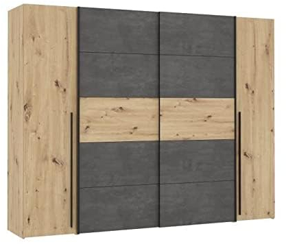 Forte Narago Schrank 270, Kleiderschrank, Schwebetürenschrank mit Drehtüren, Holzdekor Artisan Eiche kombiniert mit Grau, 270,3 cm breit x 210,5 cm hoch x 61,2 cm tief