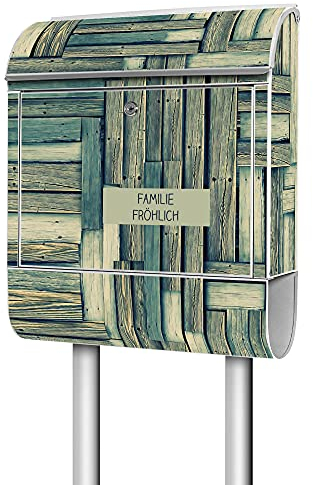 banjado® Briefkasten mit Standfuß personalisierbar Motiv Grüne Planken - Stand Briefkasten mit Zeitungsfach pulverbeschichtet aus Stahl weiß - Postkasten A4 Einwurf inkl. 2 Schlüssel