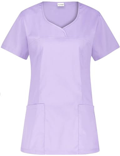B-well INES - Casacca da donna per assistenza sanitaria, casacca slip-on a maniche corte con scollo a V, abbigliamento professionale, Lilla, M
