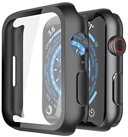 Misxi [2 Pezzi] Nero Custodia Rigida con Vetro Temperato Protezione Schermo per Apple Watch Serie 9 Serie 8 Serie 7 45mm, HD Ultra Sottile Anti-Graffio Protettiva Cover per iWatch