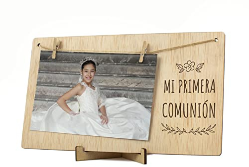 CONTRAXT Portafotos Marcos de fotos Comunion. Regalos originales Decoracion Album Marcos de Fotos madera natural Pinzas tarjetas recuerdos primera comunion 10 x 15 niño niña invitados (Comunion ES)