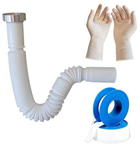 Parpyon Sifone Lavabo Bagno Tubo Flessibile Sifone da Cucina - G 1 1/2 x 40 mm, Estensibile da 320-800 mm, Antiodore + nastro e guarnizione accessori (Tubo Scarico 1-1/2-40mm)
