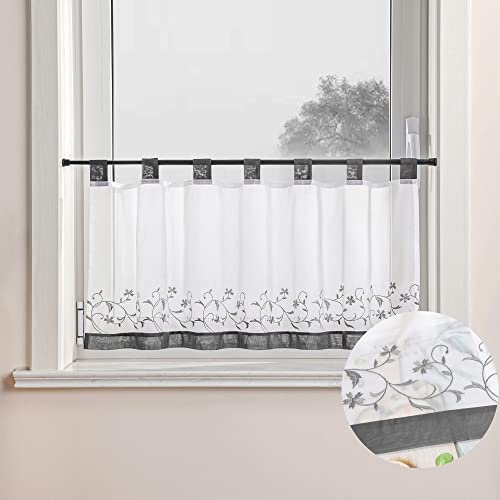 Joyswahl Voile Scheibengardine mit Blumenstickerei »Noah« transparente Bistrogardine mit Schlaufen Landhausstil Kurzstore HxB 45x140cm Grau 1er Pack