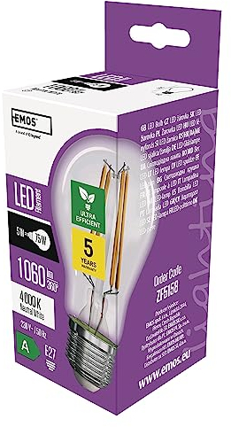 EMOS - LED-Lampe Filament A60 - A Klasse Vintage-Glühbirne - E27 Sockel - neutralweiß - 1060 lm - extra-sparsam, 5W (statt 75W Glühbirne) - 50 000 Stunden - Winkel 300° - CRI min. 80