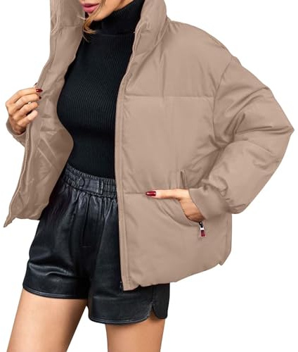 L9WEI Chaqueta de invierno para mujer, chaqueta acolchada cálida, resistente al viento, parka de invierno para mujer, abrigo acolchado corto, monocolor, parka gruesa, caqui, XL
