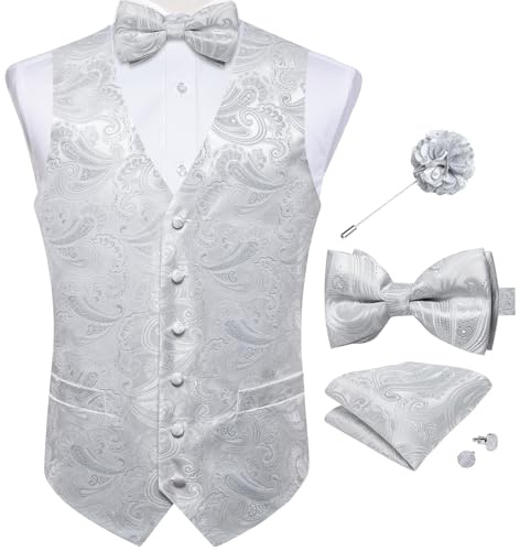DiBanGu Herren-Paisley-Anzugweste, Seidenkleid, Weste und Fliege, Einstecktuch, Manschettenknöpfe mit Anstecknadel, Set für Hochzeits-Smoking, Paisley-Silber, Medium