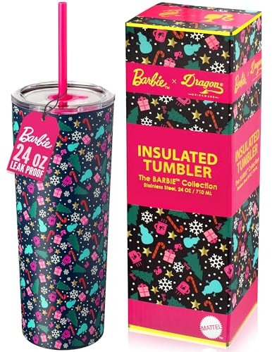 Dragon Glassware x Barbie 24 oz Insulated Stainless Steel Tumbler with Lid and 2 Straws - Festive Holiday Travel Coffee Tumbler Cup to Keep Drinks Hot or Cold, Fits Cup Holders - Christmas Theme