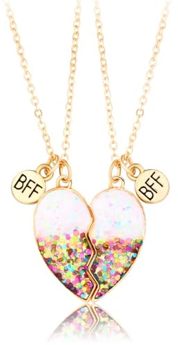 Lezmoii Friendship Necklace Best Friend Necklace Matching Magnetic Heart BFF Necklace for 2 Girls Friendship Gifts (Sequin Colorful)