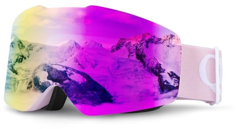Qunature Lunettes Ski OTG Hiver Visière Protection UV400 Masque Anti-buée Élastique Respirant Jouer Neige Homme Femme Compatibles avec Casque Grand Vision Non-Cadre Snowboard Motoneige Escalade Rose