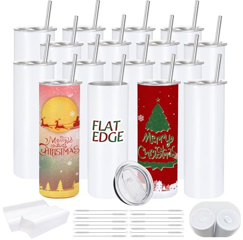 YOUKE OLA 16 Pack Sublimation Tumblers Flat Edge Blanks Skinny Straight Bulk 20 oz, Stainless Steel Double Wall Insulated Sublimation with Straw & Lids for Heat Transfer, White