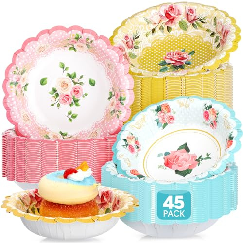 Domensi 45 Pcs Tea Party Paper Bowls 12oz Floral Vintage Soup Bowl Pink Blue Yellow Flower Disposable Food Bowls for Tea Party Wedding Mom Birthday Baby Shower Spring Holiday