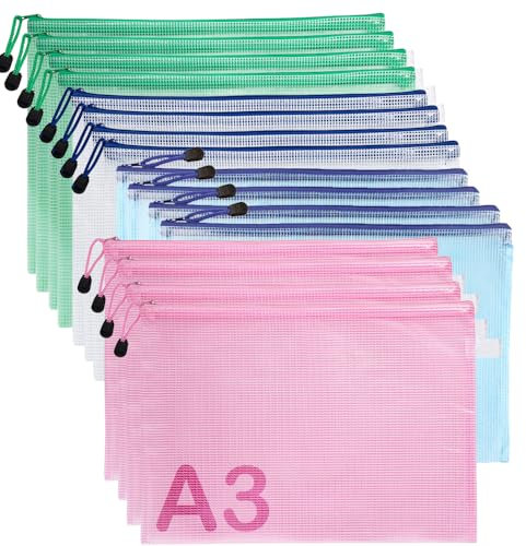 16 Stück Dokumententasche A3 - Dokumentenmappe Zip Tasche Kunststoff, Wasserdichte Mesh Beutel mit Reißverschluss, Groß Reißverschlusstasche für Dokumente Kosmetik Reisen (4 Farben)