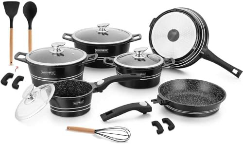 Lot de 17 batteries casseroles et poêles en aluminium moulé sous pression, revêtement en marbre, idéal pour induction ou gaz, couvercles en verre et outils inclus Royalty RL-ES2014M (Noir)