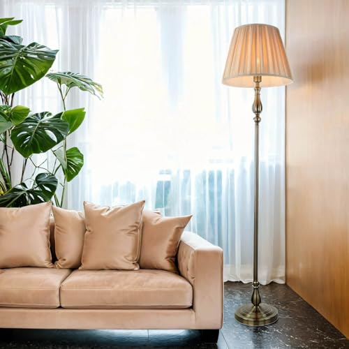 Licht-Erlebnisse Stehlampe Wohnzimmer 164 cm hoch E27 in Messing Antik Braun aus Stoff Metall Klassisch Stehleuchte Bodenleuchte FLEMISH