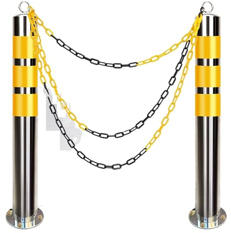 Parkpfosten für Parkplatz, 5 m Ketten-Sicherheitsbarrieren, 2 Stück, Rohrpoller, Edelstahl-Parkbarriere mit reflektierendem Band (800 mm H x 76 mm T (31,5 Zoll H x 3 Zoll T)) (650 mm H x 76 mm T (25,6