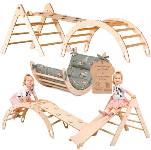 WoodsCraft 3in1 Set: Kletterdreieck, Kletterbogen & Rutsche/Kletterrampe | mit hypoallergen Kissen für Kletterbogen, holz Montessori Klettergerüst indoor, Babyrutsche, Klettern Baby & Kinder