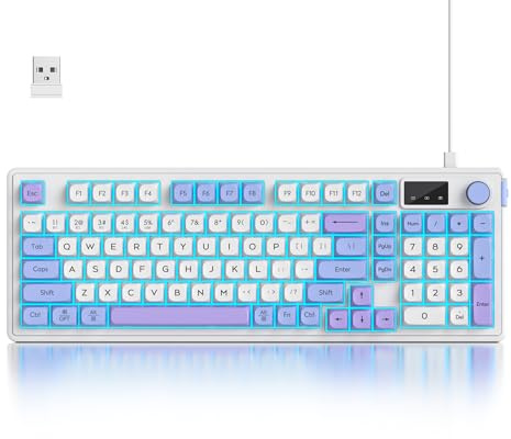 Fogruaden Tastiera da gioco wireless silenziosa al 96% con tastierino numerico e manopola, sensazione meccanica, resistente alle fuoriuscite, tasti multimediali, cablata/BT/2.4G, tastiera per computer