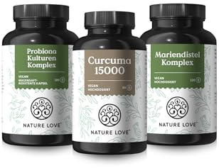 NATURE LOVE® Wohlfühlbauch Set - Probiona Kulturen Komplex, Curcuma Extrakt & Mariendistel Komplex Kapseln - Hochdosiert: 20 Mrd. KBE, 150 mg Curcuminoide & 200 mg Silymarin pro Tag - vegan