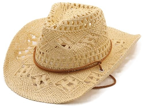 Stroh Cowboy Hut Vintage Western Stroh Cowgirl Hat Cowboy Hüte für Frauen mit atmungsaktivem Strohhut mit Kinngurt breitem Sonnenschutz Sonnenhut für Seaside Beach Garden, Beige, Beige, beige, b